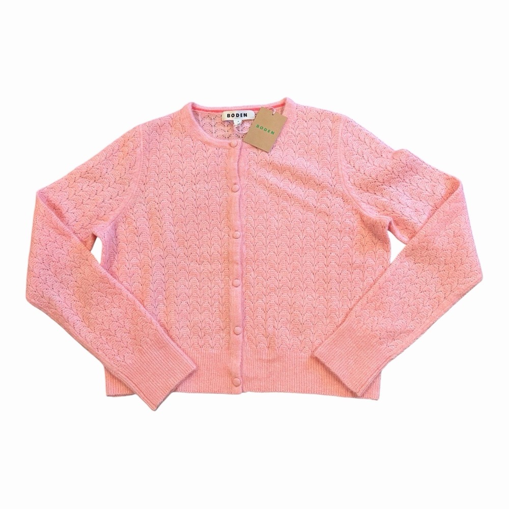 Boden Sweater Cardigan Womens M Pink Mohair Wool Pointelle Open Knit Button NEW